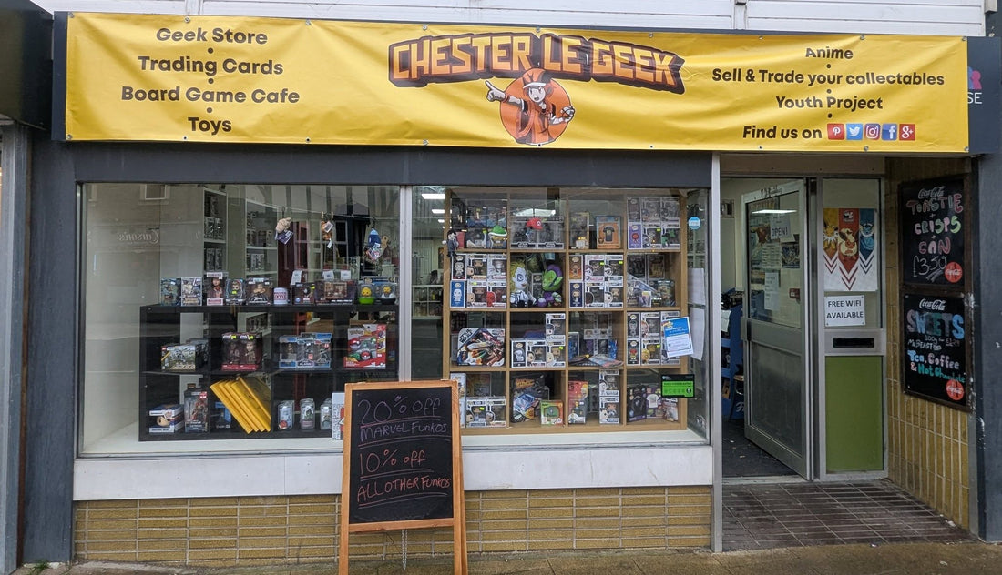 Chester Le Geek front of shop with distinctive yellow sign
