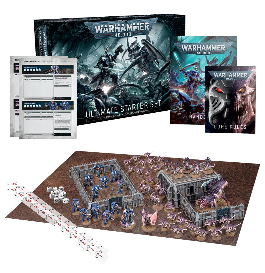 Front view of Warhammer 40,000 ultimate starter set with boards and miniatures