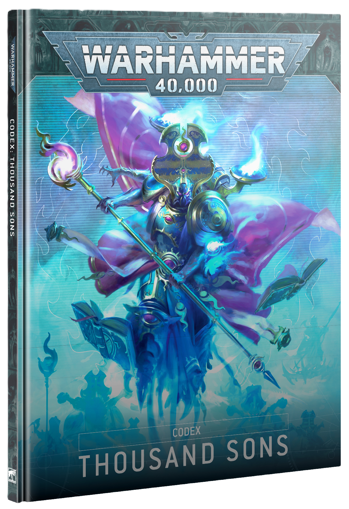 Cover of Warhammer 40K Thousand Sons Codex featuring Ahriman and arcane Tzeentchian energy