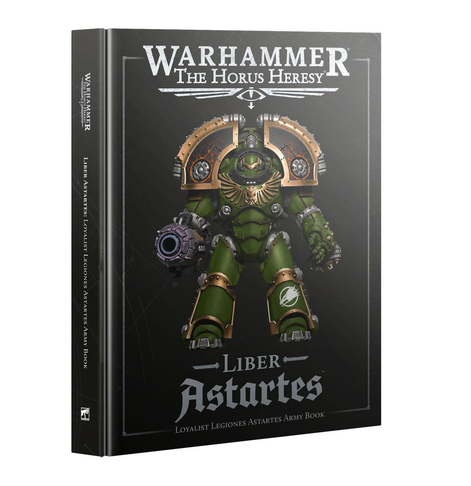 Book titled 'Warhammer: The Horus Heresy Liber Astartes' with a warrior illustration on a black background