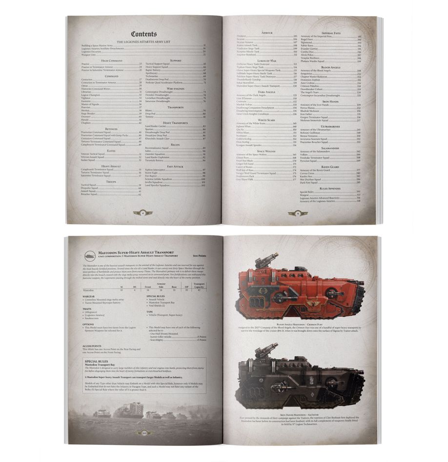 Open book showing a table of contents and illustrations of military vehicles on a white background