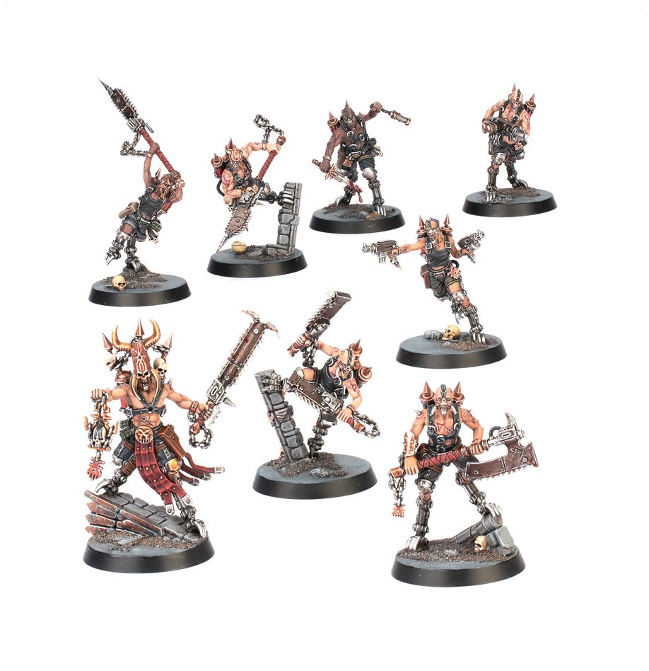 Fully painted Goremongers Kill Team models charging into combat
