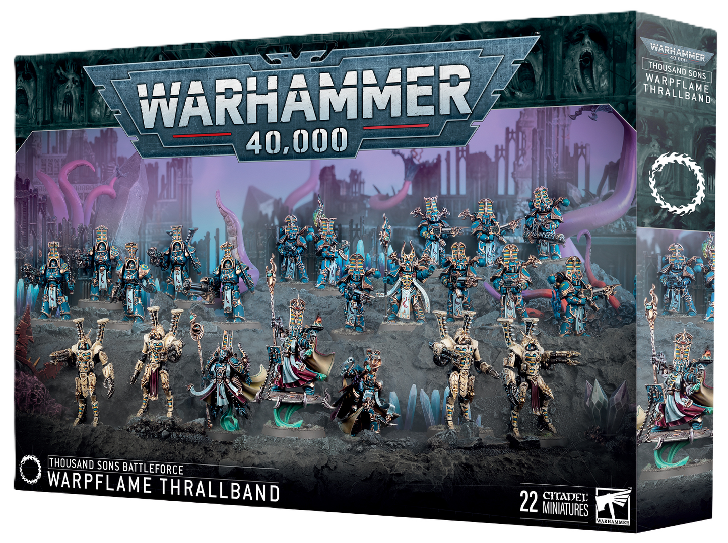 Miniatures from the Thousand Sons Warpflame Thrallband detachment, showcasing Rubric Marines and Sorcerers in vibrant warp-infused colors.