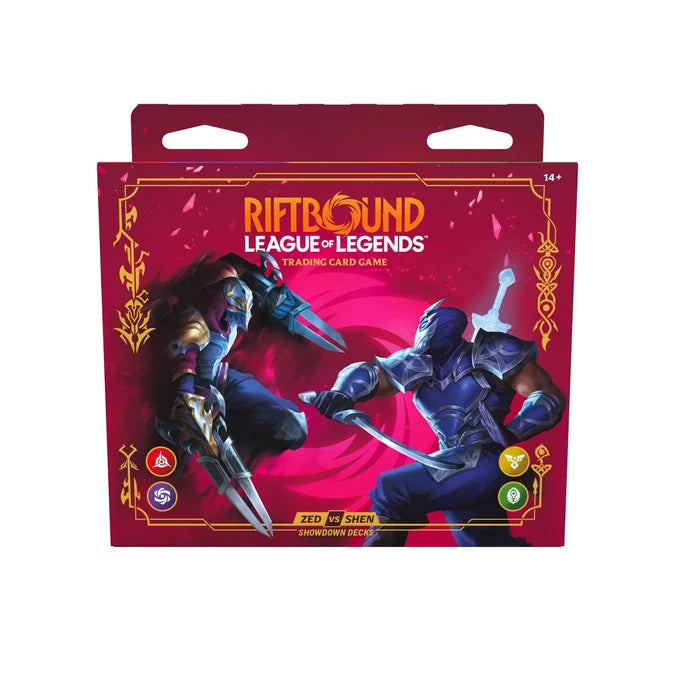 Riftbound League of Legends trading card game packaging with two characters on a red background