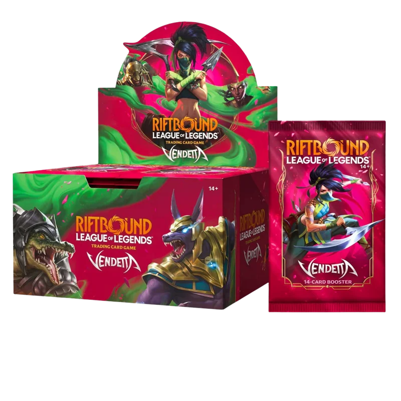 Riftbound League of Legends Vendetta 144 card booster box display with one individual booster pack standing beside it on a plain white background.