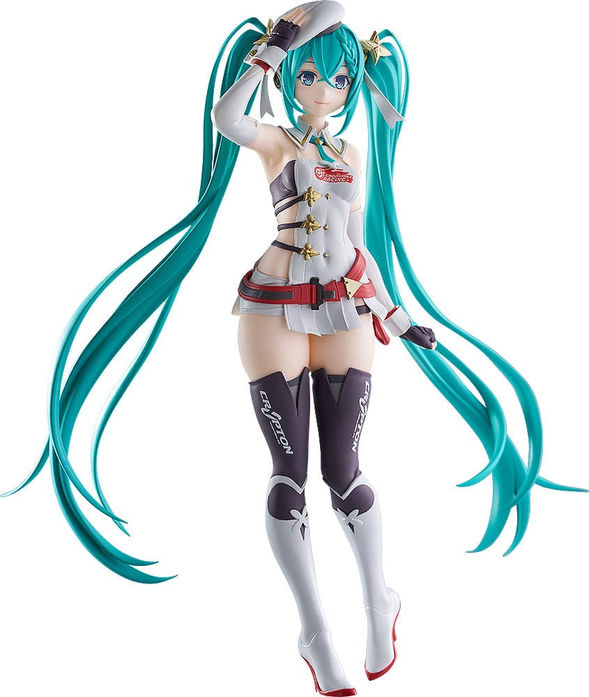 Front view of POP UP PARADE Racing Miku 2023 Ver. 17cm PVC figure by Good Smile Company, featuring Hatsune Miku in her GT Project racing outfit.