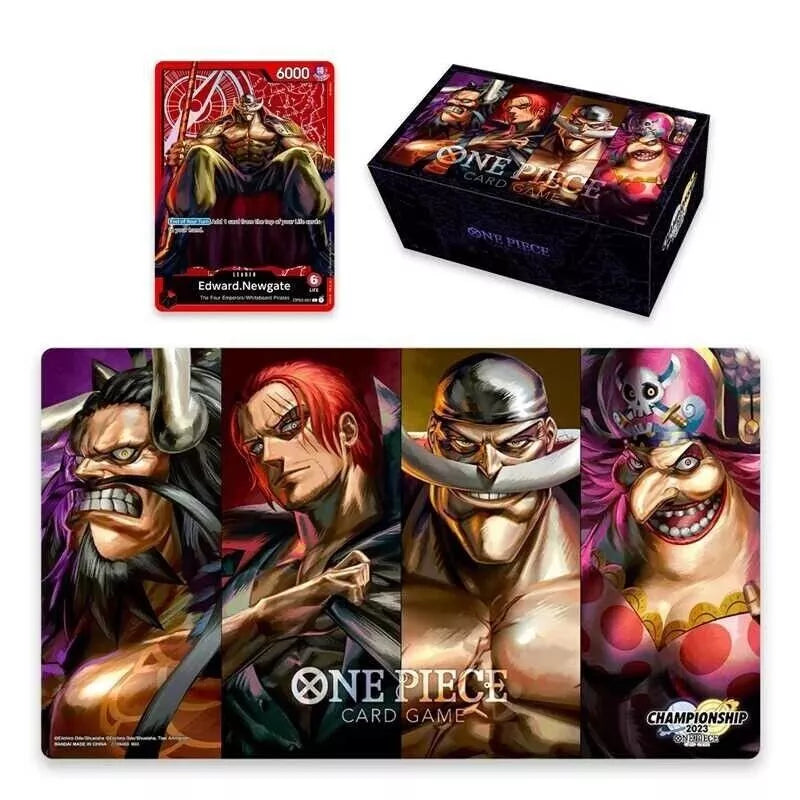 One Piece Card Game Special Goods Set – Former Four Emperors, featuring a decorative storage box illustrated with Whitebeard, Big Mom, Kaido, and Shanks; a rolled playmat; a compact card case; and four promo cards displayed on a plain background