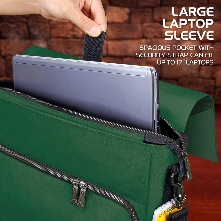 Green laptop sleeve with a laptop inside, held by a hand against a brick wall background.