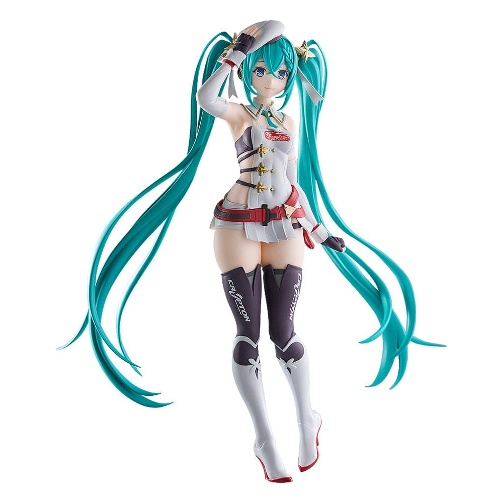 Side profile of POP UP PARADE Racing Miku 2023 Ver. 17cm PVC statue, showcasing detailed sculpting of Hatsune Miku's flowing hair and racing attire.