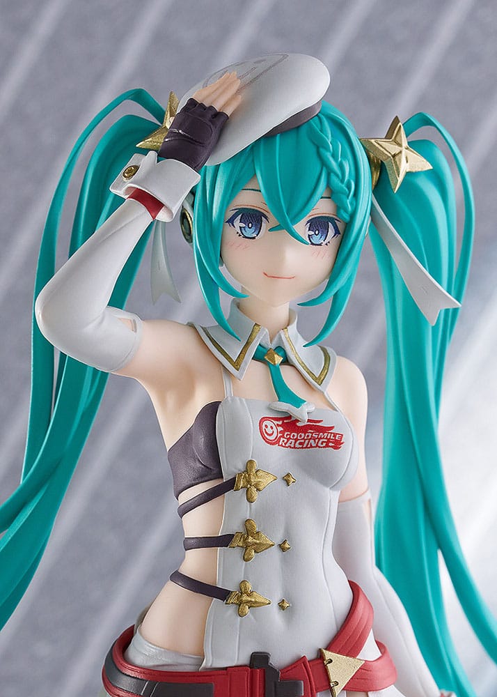 Close-up of POP UP PARADE Racing Miku 2023 Ver. figure, emphasizing Hatsune Miku's expressive facial features and precise paintwork