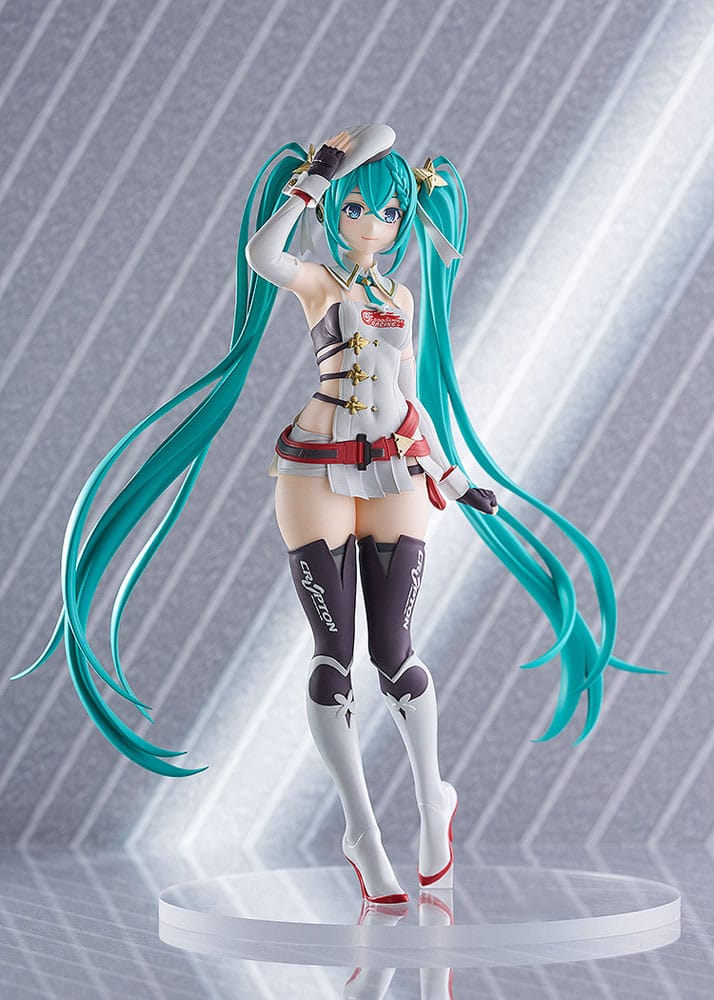 Front view of POP UP PARADE Racing Miku 2023 Ver. 17cm PVC figure by Good Smile Company, featuring Hatsune Miku in her GT Project racing outfit