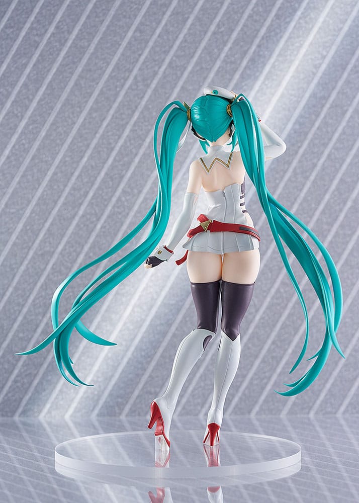 Rear view of POP UP PARADE Racing Miku 2023 Ver. 17cm figure, highlighting the intricate design of Hatsune Miku's twin tails and costume detail