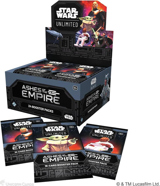 Star Wars: The Empire Returns / Ashes of the Empire 2024 booster pack display box with four individual booster packs arranged in front on a white background.