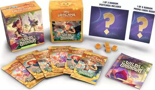 Loزعana Wilds Unbound trading card game packaging with cards and dice on a white background