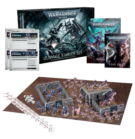 Front view of Warhammer 40,000 ultimate starter set with boards and miniatures