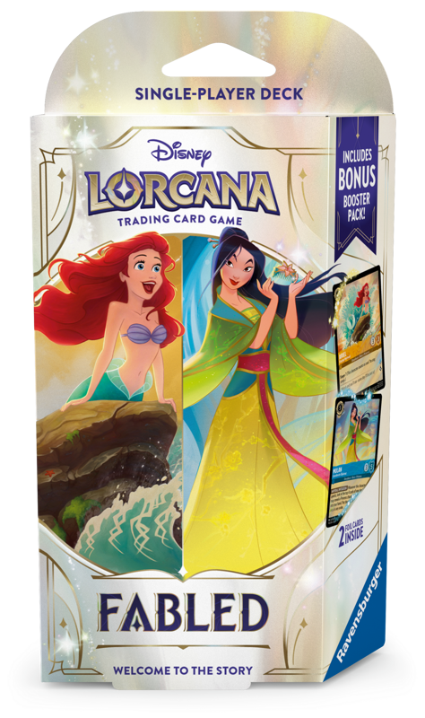 Disney Lorcana trading card game packaging with characters Ariel and Jasmine on a white background