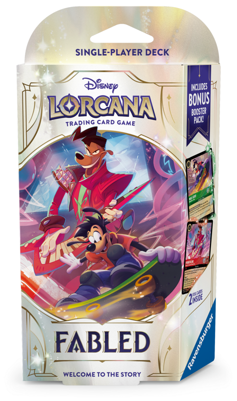 Disney Lorcana trading card game packaging with characters and text on a white background