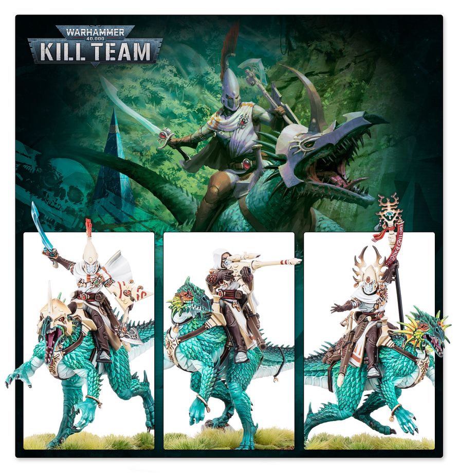 Warhammer Kill Team miniatures set featuring a warrior riding a teal dragon, shown in a large main panel and three smaller detail panels below on a white background.
