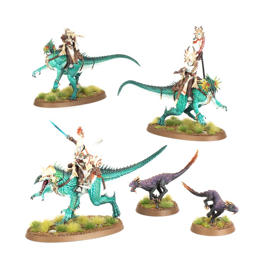Four fantasy miniature figures of riders on teal and purple dinosaurs, each mounted on a textured oval base with grass, shown on a plain white background.