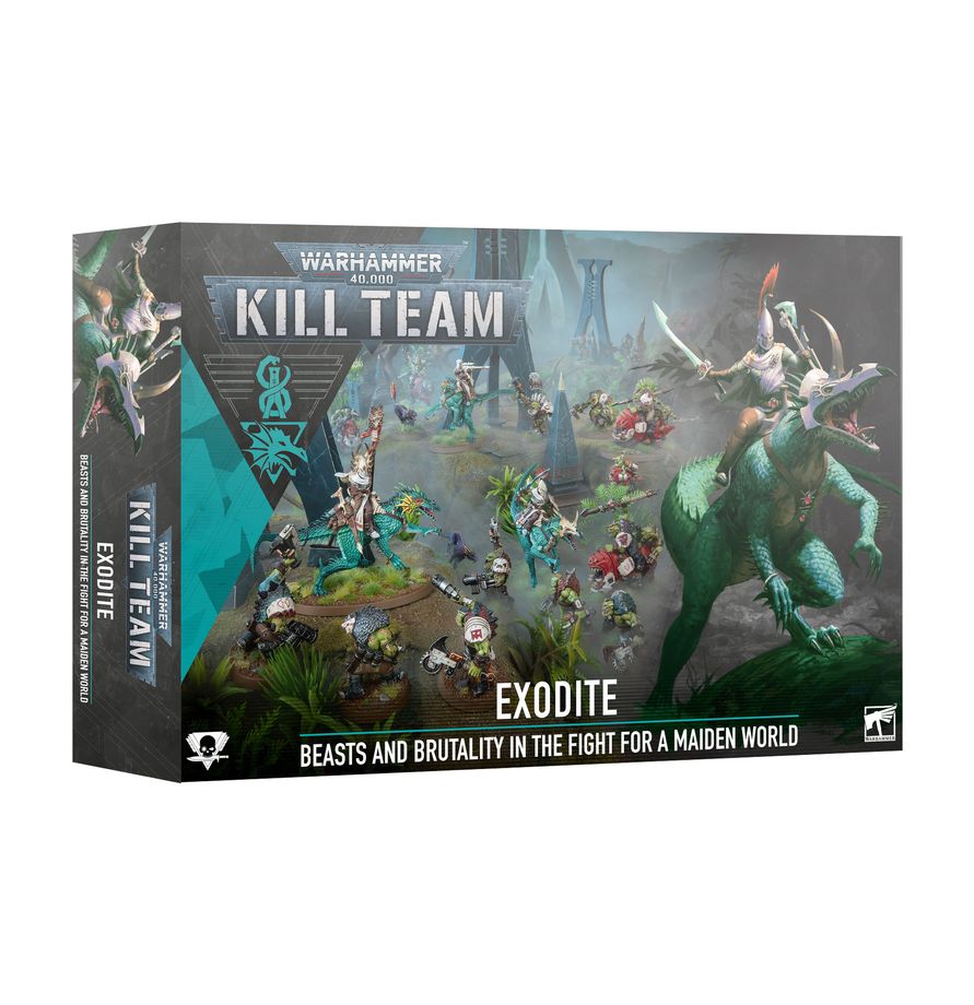 Warhammer 40k Kill Team Exodite tabletop gaming box on a plain white background, showing illustrated battle artwork and product branding.
