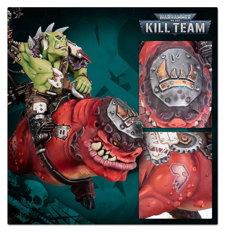 Warhammer 40k Kill Team miniature of a green-skinned orc riding a red, muscular, mechanical beast, shown with two detail inset panels on a dark teal background.