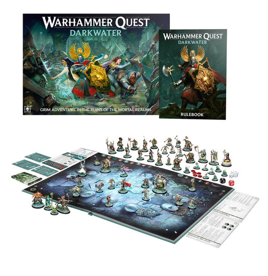 Warhammer Quest Darkwater board game set with miniatures and rulebook on a white background