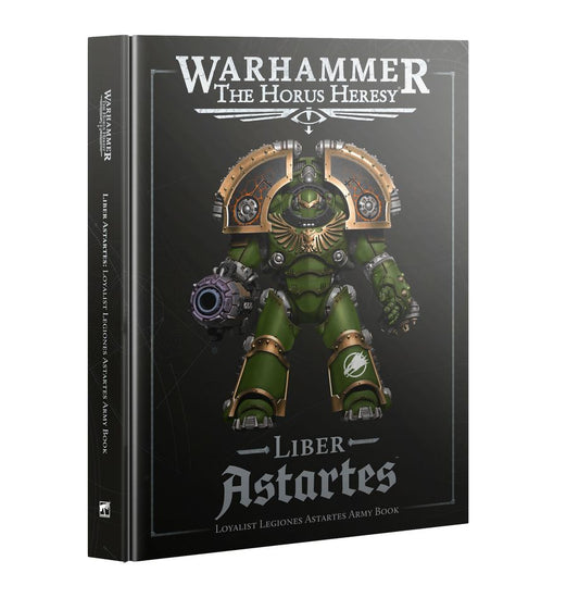 Book titled 'Warhammer: The Horus Heresy Liber Astartes' with a warrior illustration on a black background