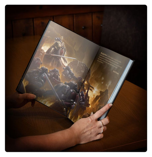 Open book with warrior illustrations on a wooden surface