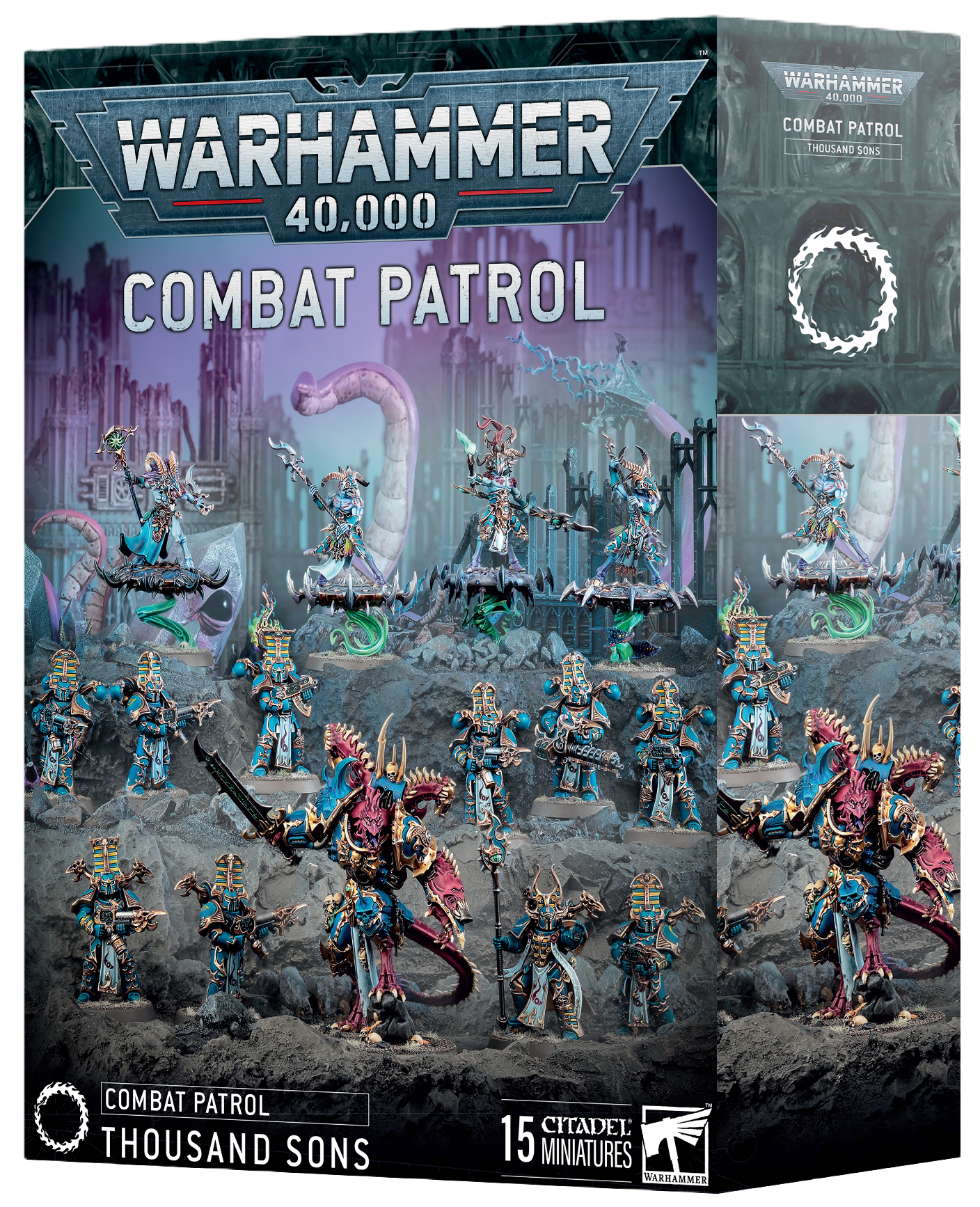 Boxed set of Thousand Sons Combat Patrol featuring Rubric Marines, Tzaangors, and Infernal Master miniatures.
