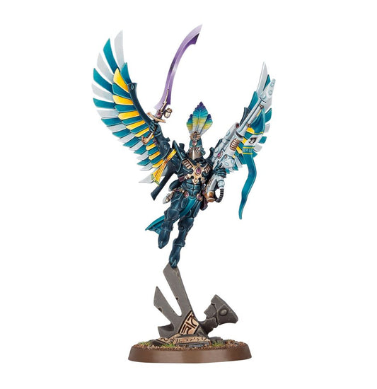 Colorful figurine with wings and weapons on a white background