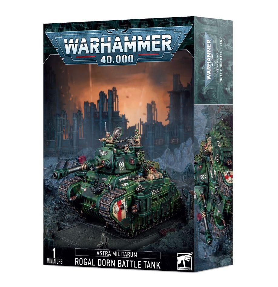 Warhammer 40,000 Astra Militarum Rogal Dorn Battle Tank packaging with cityscape background