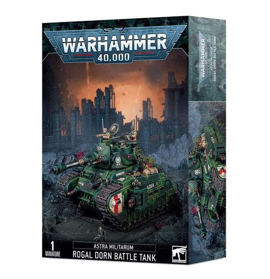 Warhammer 40,000 Astra Militarum Rogal Dorn Battle Tank packaging with cityscape background