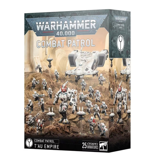 Warhammer 40,000 Combat Patrol game box with miniatures and space ship on a desert landscape.