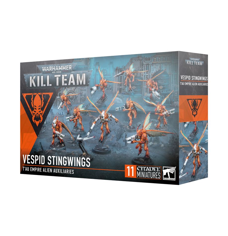 Box of 'Kill Team' Vespid Stingwings miniatures from Warhammer 40,000 on a white background