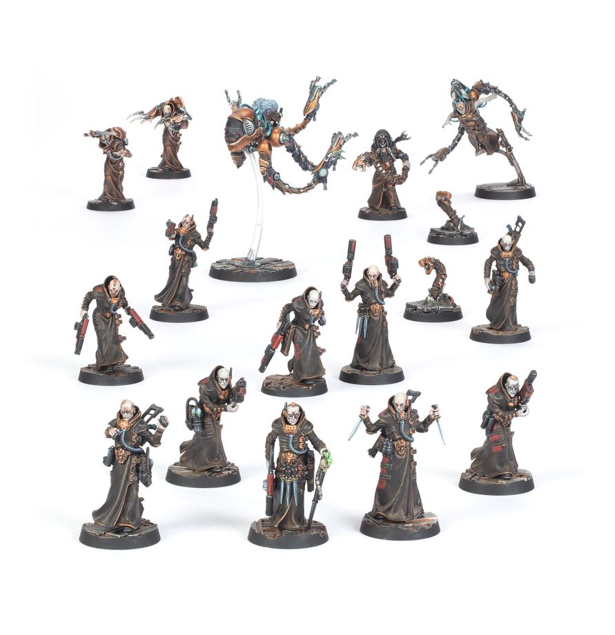 A set of painted fantasy tabletop miniatures arranged on a plain white background. The figures include skeletal warriors, robed wizards, and a large floating creature on a clear stand.