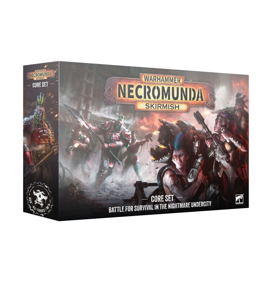 Warhammer Necromunda Skirmish Core Set tabletop gaming box on a clean white background, showing illustrated battle figures and the Warhammer logo on the front and side.