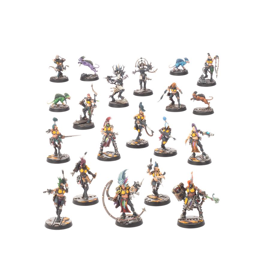 A set of 20 painted fantasy miniature figurines arranged in four rows on a plain white background.