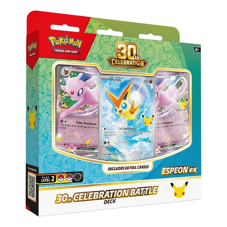 Pokémon Trading Card Game 30th Celebration Battle Deck box featuring Espeon EX, with a clear window showing sample Espeon and Vilecard cards inside the retail packaging.