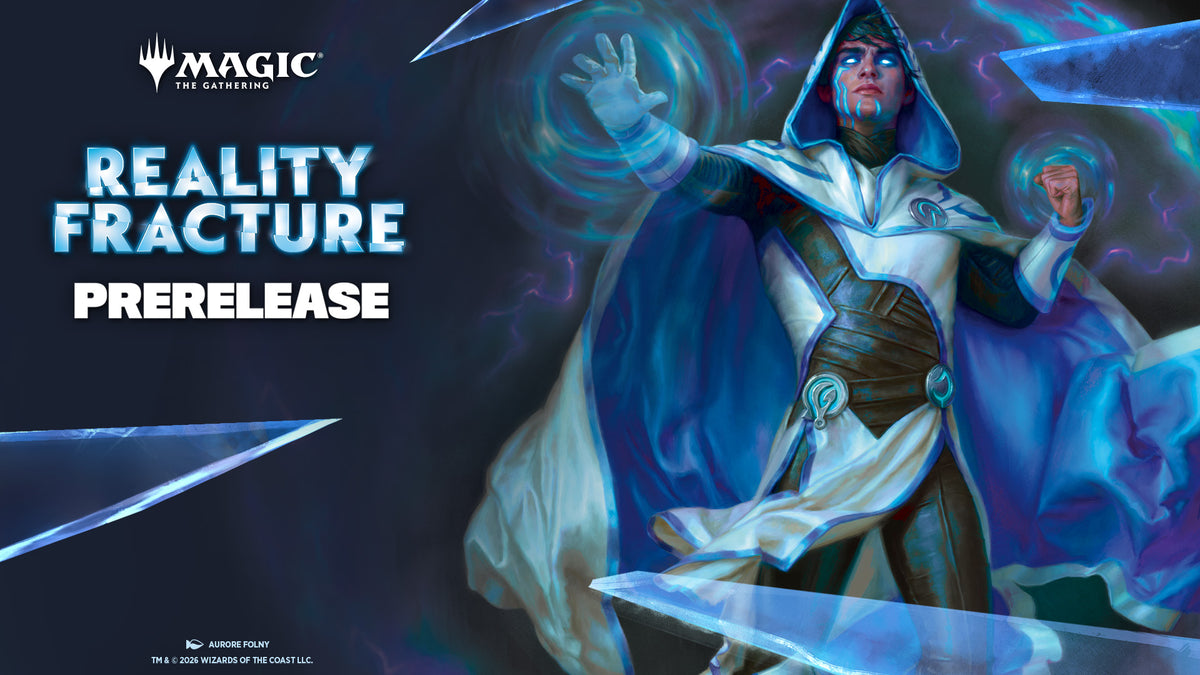 Promotional artwork for Magic: The Gathering's 'Reality Fracture Prerelease', featuring the Jace Belentauren character with blue mana energy effects and the Magic logo in the top left.