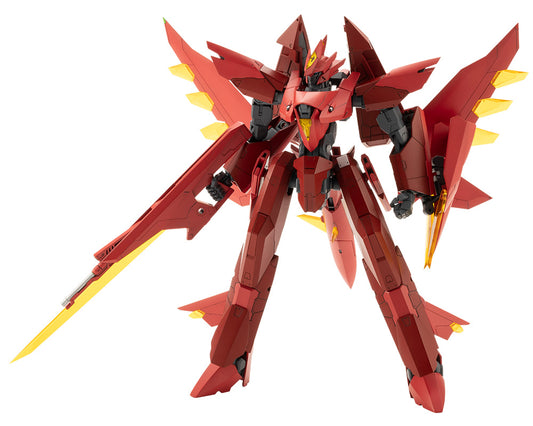 Red robot model with yellow accents on a white background