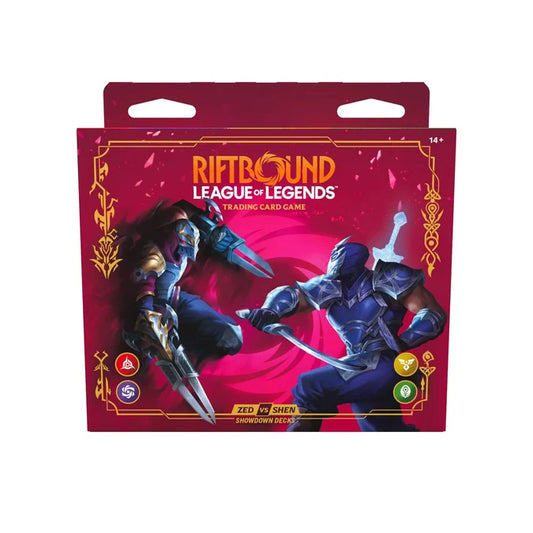 Riftbound League of Legends trading card game packaging with two characters on a red background