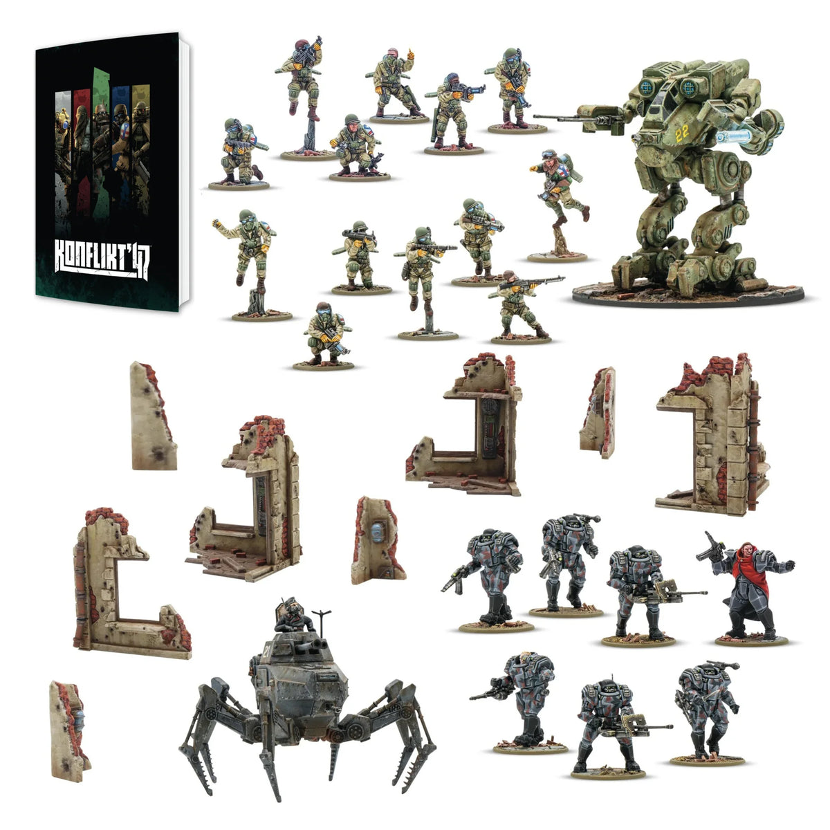 A tabletop gaming miniature set displayed on a white background, including multiple painted soldier figures, a large armored walker, several ruined building pieces, and a black box labeled 'Conflict 17'.
