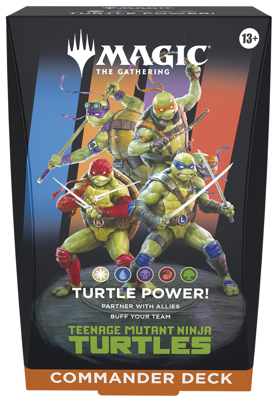 Box of 'Magic: The Gathering' Teenage Mutant Ninja Turtles Commander Deck with turtles on a colorful background.