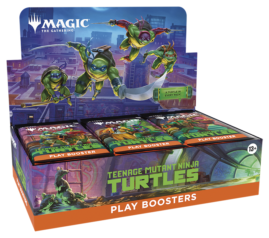 Display box of Teenage Mutant Ninja Turtles-themed Magic: The Gathering play boosters with turtles on a cityscape background.
