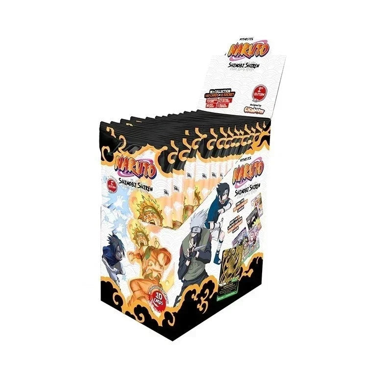A Naruto Tensho Special Snip box display stand filled with individual trading card packs, featuring colorful anime character artwork on a white background.