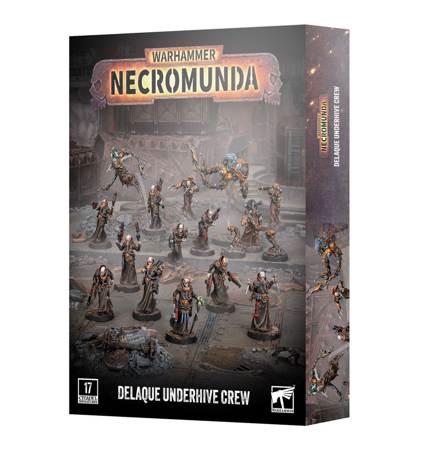 Warhammer Necromunda Delaque Underhive Crew box set, showing the front and side packaging with illustrated miniature figures and the Warhammer logo.