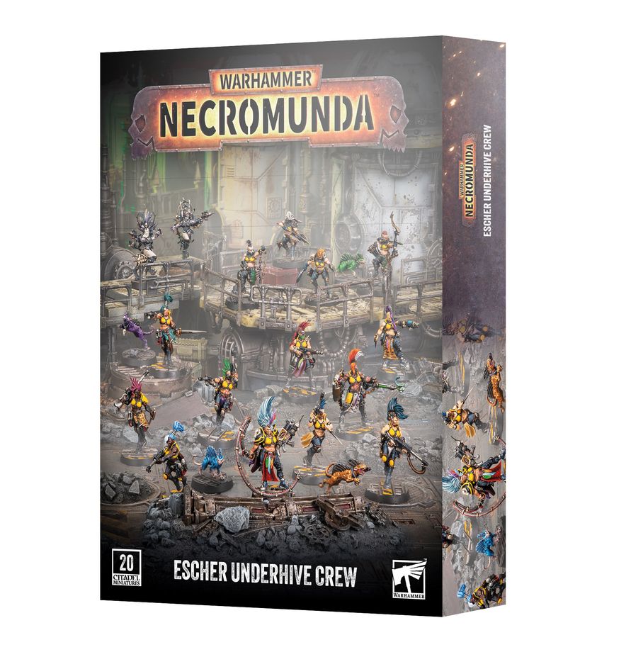 Warhammer Necromunda Escher Underhive Crew tabletop gaming box shown at a slight angle on a white background.