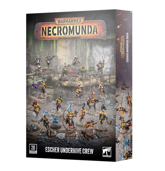 Warhammer Necromunda Escher Underhive Crew tabletop gaming box shown at a slight angle on a white background.