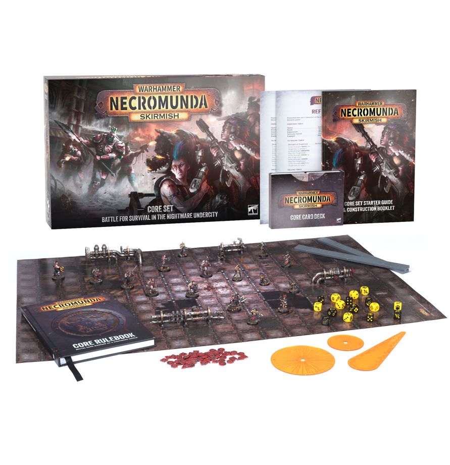Warhammer 40k Necromunda Skirmish Core Set board game kit with box, rulebook, playmat, tokens, and dice on a white background.