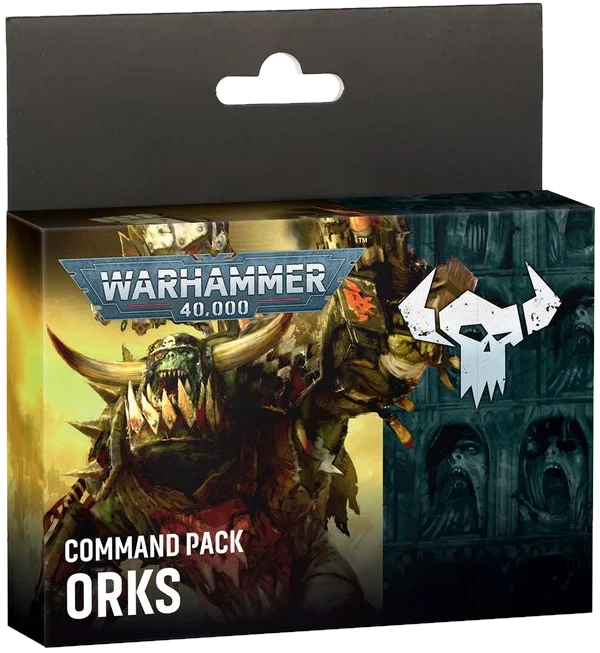 Warhammer 40,000 Command Pack Orks retail box with a hanger tab, featuring illustrated Ork artwork and the Warhammer 40,000 logo on the front. -Buy now at Chester-le-Geek